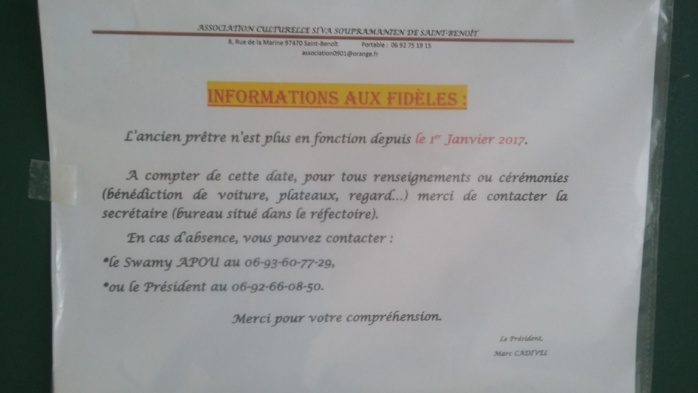 LE NON-RENOUVELLEMENT DU CONTRAT DE SUDHAKAR AU TEMPLE DE SAINT-BENOÎT ? 