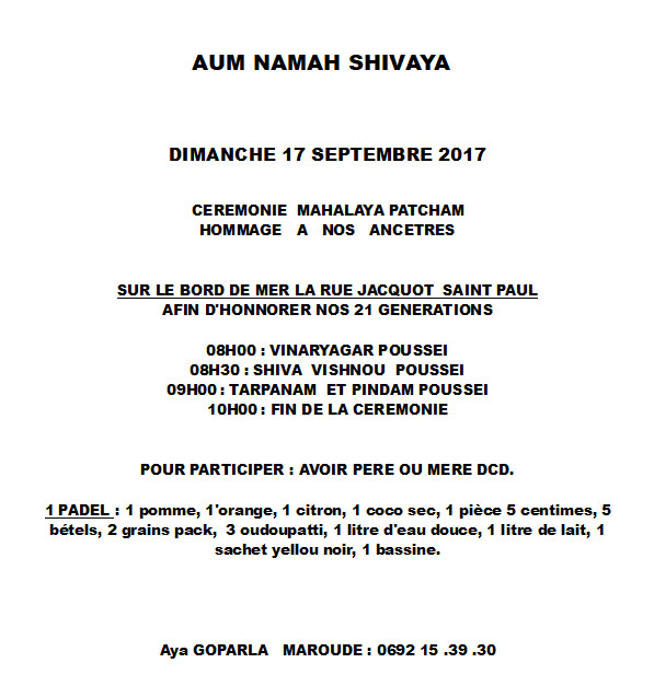 INVITATION POUR LE GRAND MAHALAYA AMAVASAÏ (ST-PAUL)