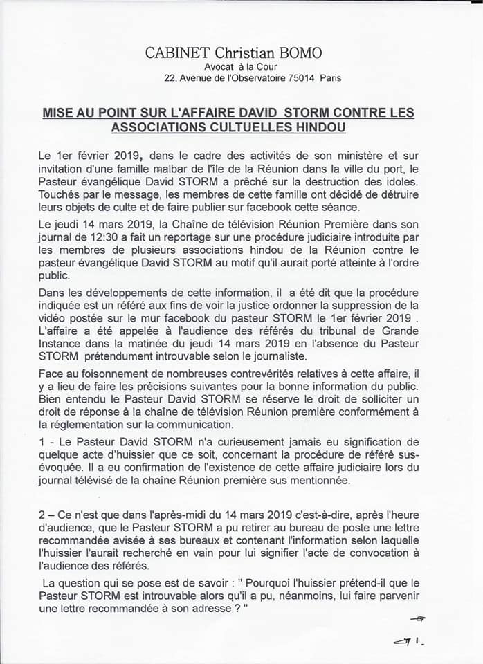 APRES PLUS D'UN MOIS, UNE RÉPONSE DU 'PASTEUR' DAVID STORM 