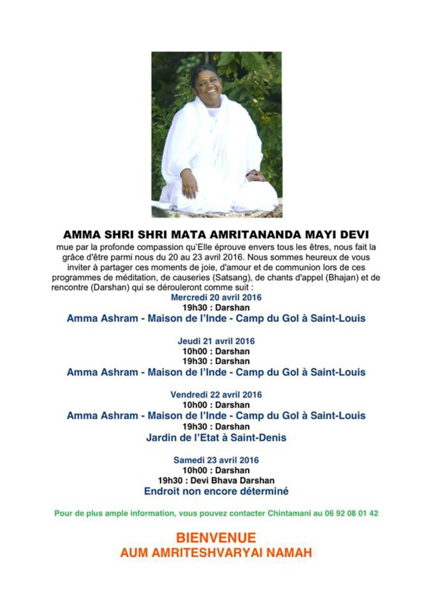 AMRITANANDAMAYI (AMMA) À L'ÎLE DE LA RÉUNION DU 20 AU 23 AVRIL 2016