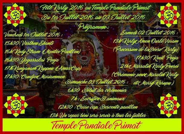 PROGRAMME FÊTE KÂLI 2016 AU TEMPLE PANDIALÉ PRIMAT DE SAINT-DENIS