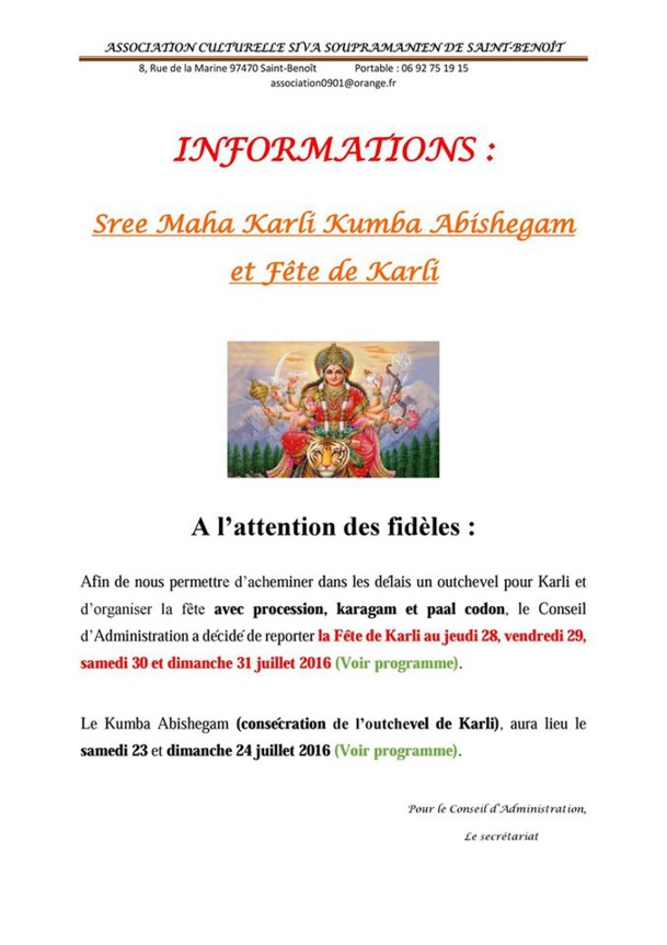 FÊTE KÂLI REPORTÉE AU TEMPLE SIVA SOUPRAMANIEN DE SAINT-BENOÎT  