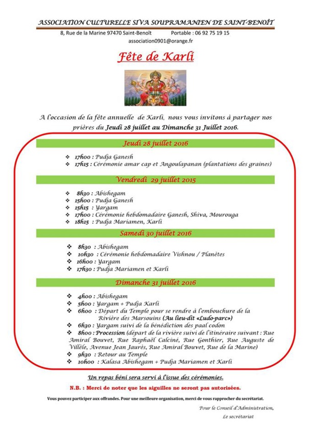 FÊTE KÂLI REPORTÉE AU TEMPLE SIVA SOUPRAMANIEN DE SAINT-BENOÎT FÊTE KÂLI REPORTÉE AU TEMPLE SIVA SOUPRAMANIEN DE SAINT-BENOÎT