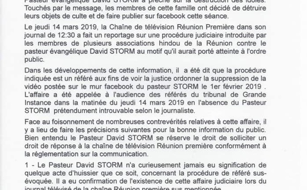 APRES PLUS D'UN MOIS, UNE RÉPONSE DU 'PASTEUR' DAVID STORM 